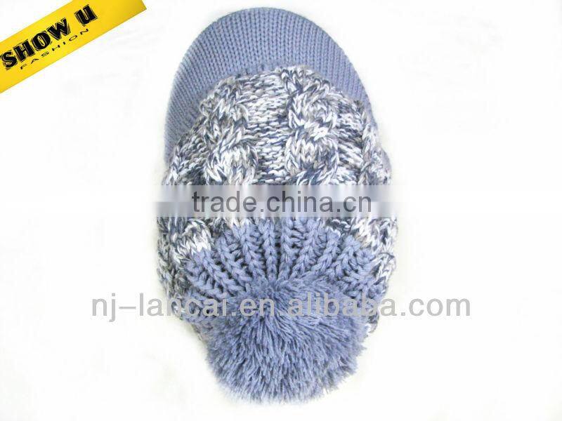 fashion winter Ladies knitted cable peaked hat with pom-pom