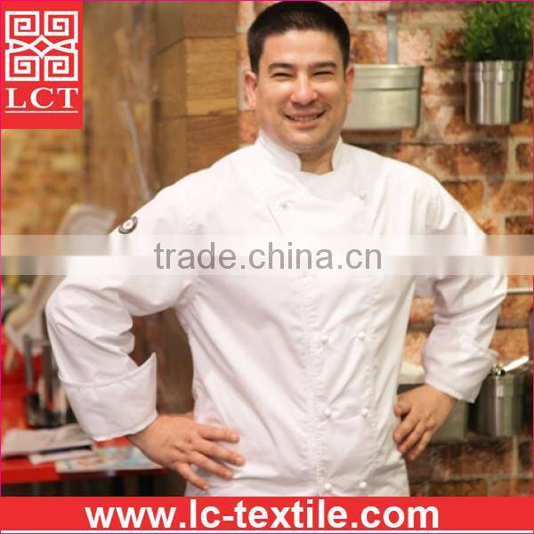 supply 2015 newest design 245gsm drill fabric chef coat uniform with stiff cuffs for roll up sleeve(LCTU0022)