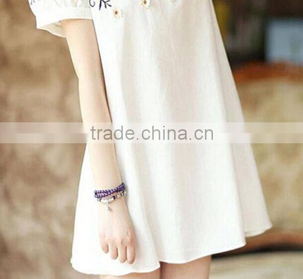 Hot sale cotton and linen white embroidery pregnant women dress, materinity clothes
