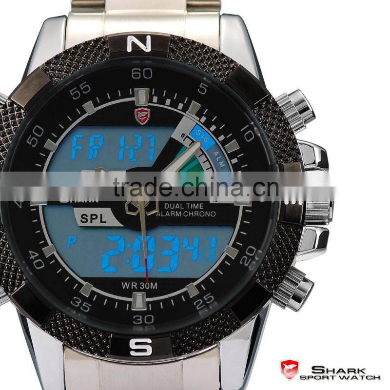 Mens Shark Digital LCD Outdoors Analog Quartz Sport Steel Wrist Watch