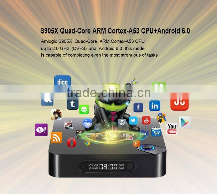 New Arrival EM95X Powerful 2GB/16GB Android 6.0 Marshmallow Quad Core TV Box, Amlogic S905X 4K TV Box For Wholesale