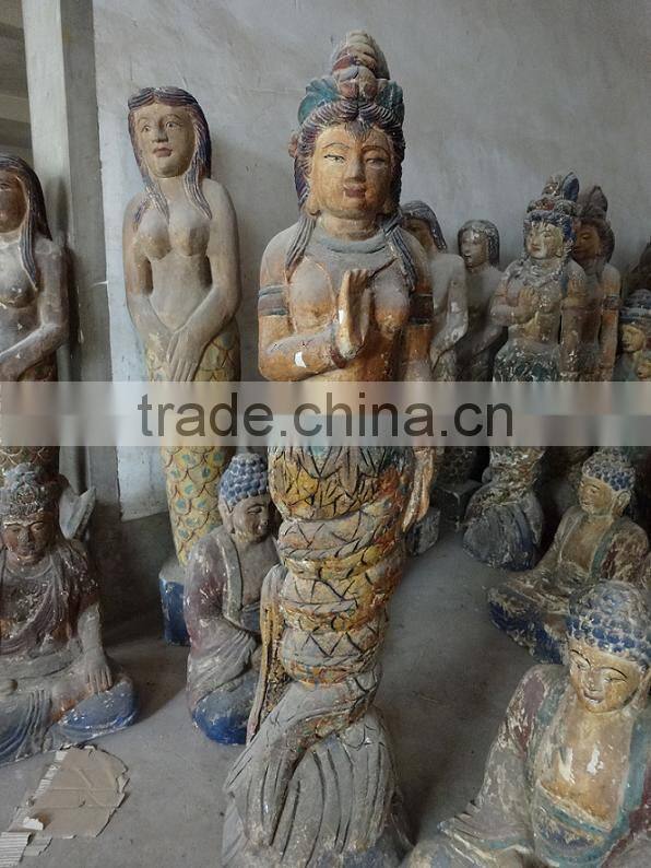 hot sell made wooden carving double mermaid,Antique wooden statues,Religious sculptures