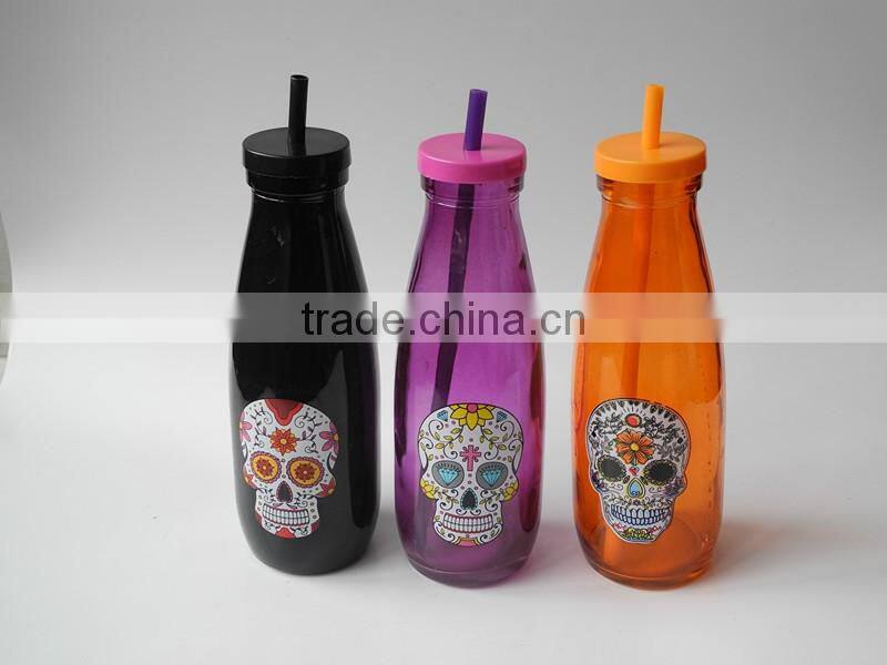Halloween Use Glas 1 Liter Juice Decorative Glass Bottle with Straw