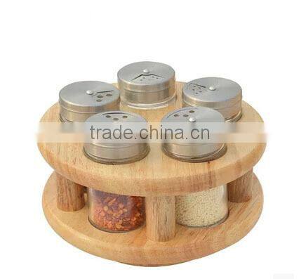 rotatable bamboo spice rack with spice jar and pepper mill grinder