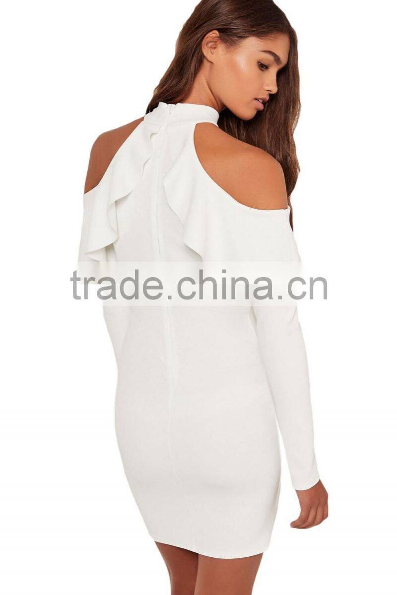 Women Frill Cold Shoulder Long Sleeve Mini Short Bodycon Club Dress White