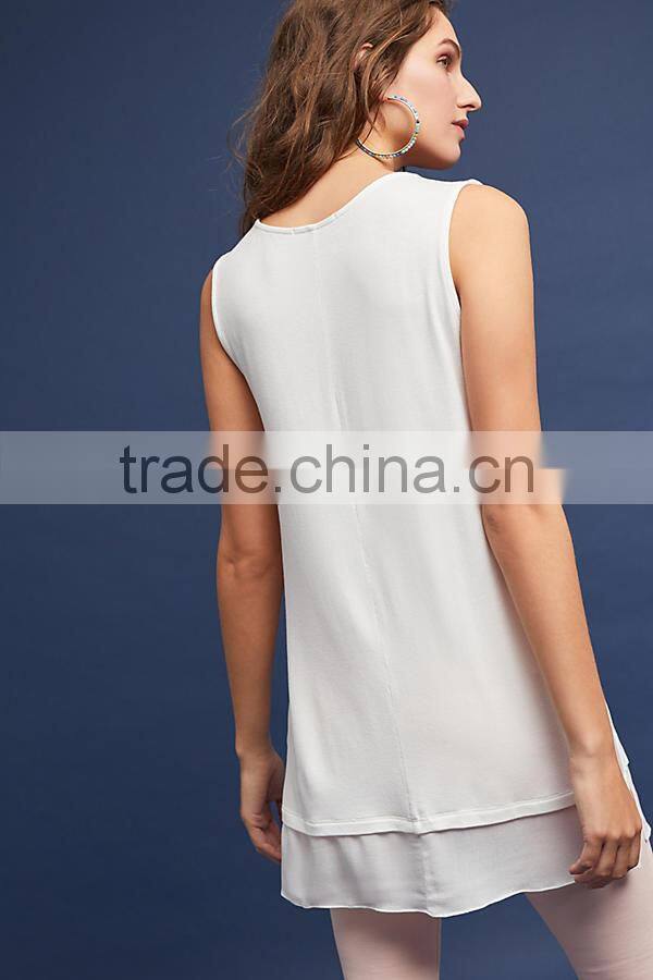 2017 MGOO White Sleeveless Blouse Split Hem Tops Ruffled detail Double Layer Chiffon Fabric Women Longline Tops