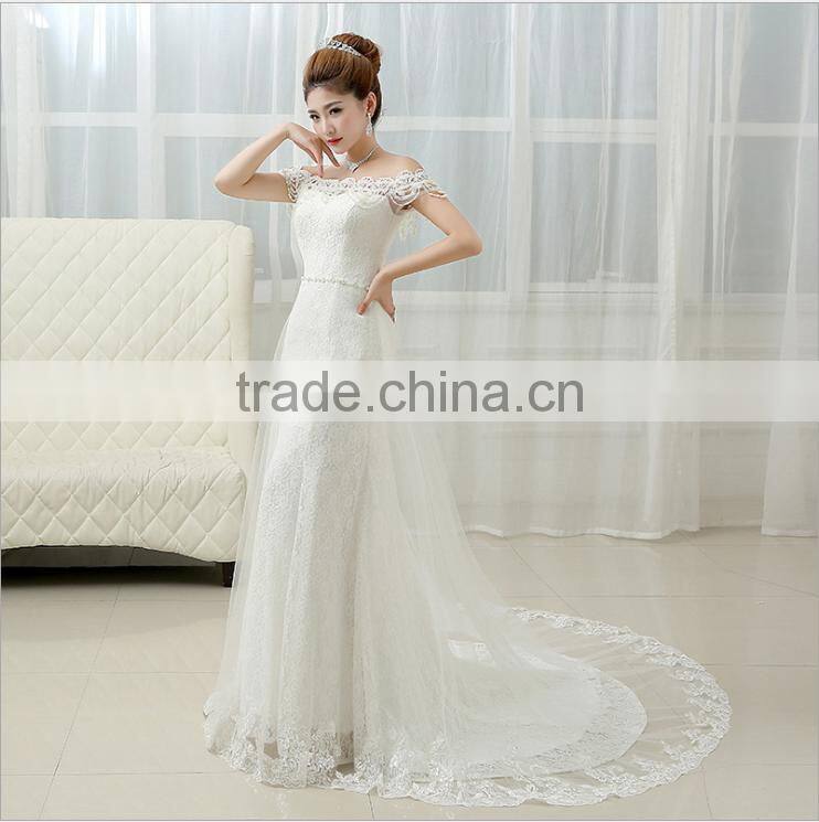2017 Alibaba Fashion Wedding Dress New Bride Korean Boat Neck Evening Dress Fishtail Skirt Long Drag Tail