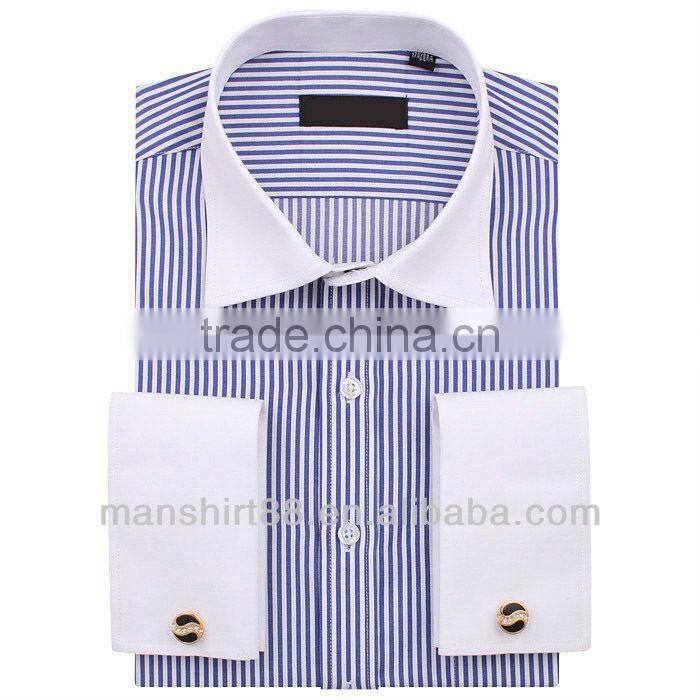 Men's luxury french cuff white collar stripped shirt