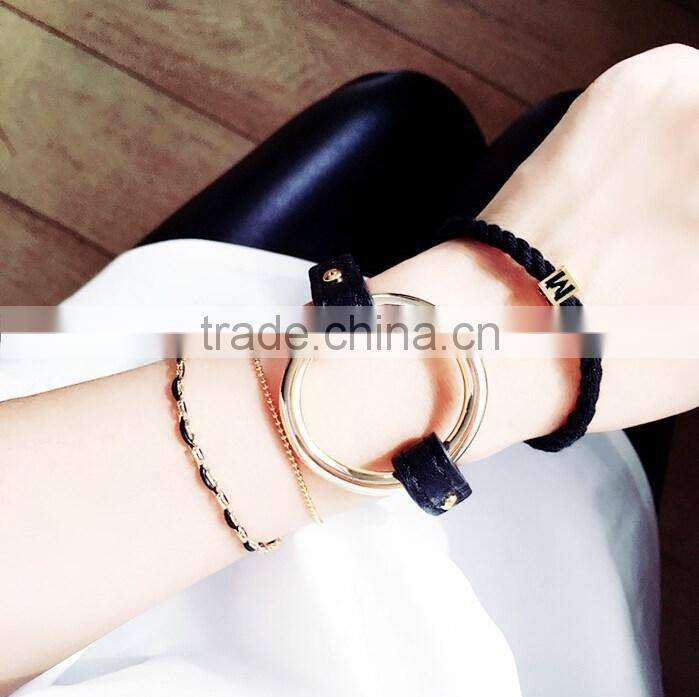 Charm Alloy Locket Bracelet Silvery Circle Loop Leather Bracelet Bangle