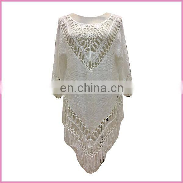 Guangzhou 2015 casual gypsy style hollow poncho blouse and shirt with long tassel