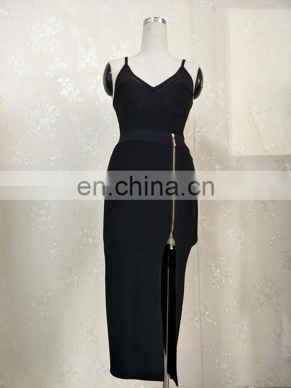Amigo 2017 new designer sex lace black strap long slit zipper bandage dress evening dresses for women party wear