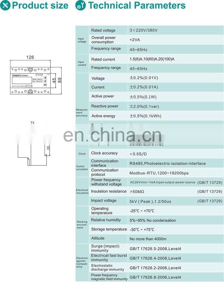 New model 3 phase modbus-rtu communication and wifi load control function smart rail energy meter KPM33B