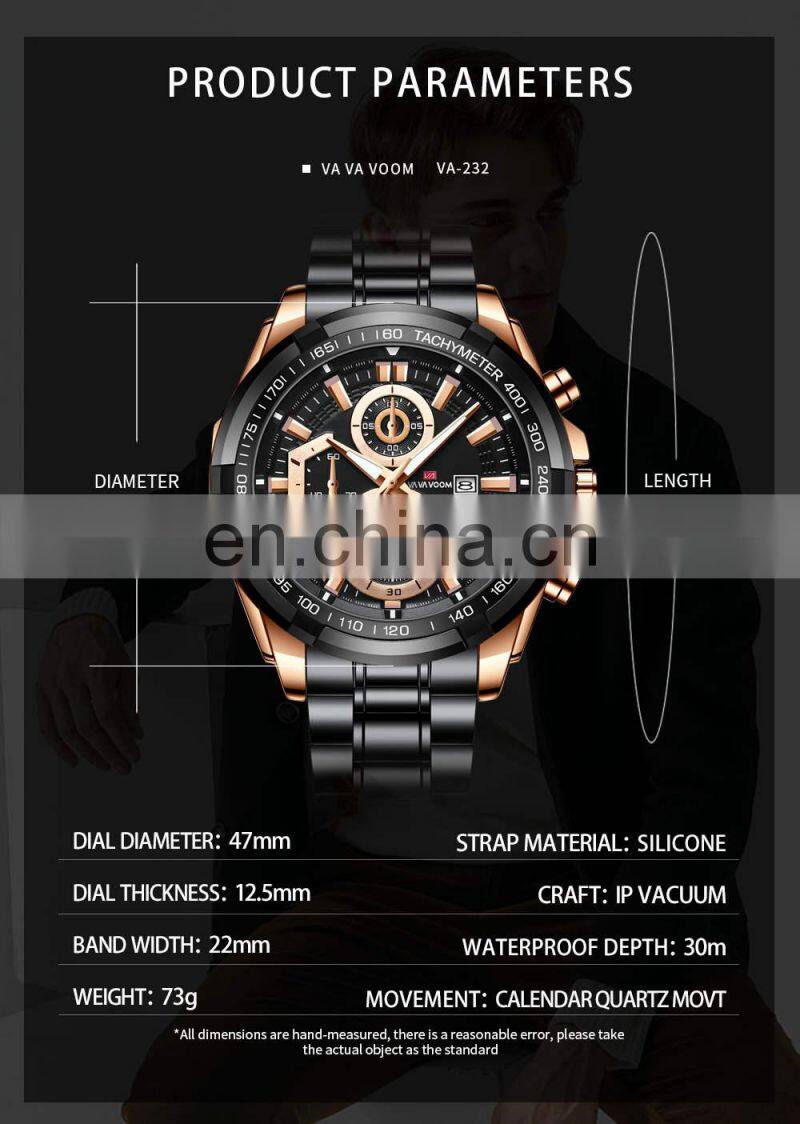 VA VA VOOM 2321 Men Quartz Watch Sports Fashion Rose Gold Case Black Stainless Steel chain watch for men
