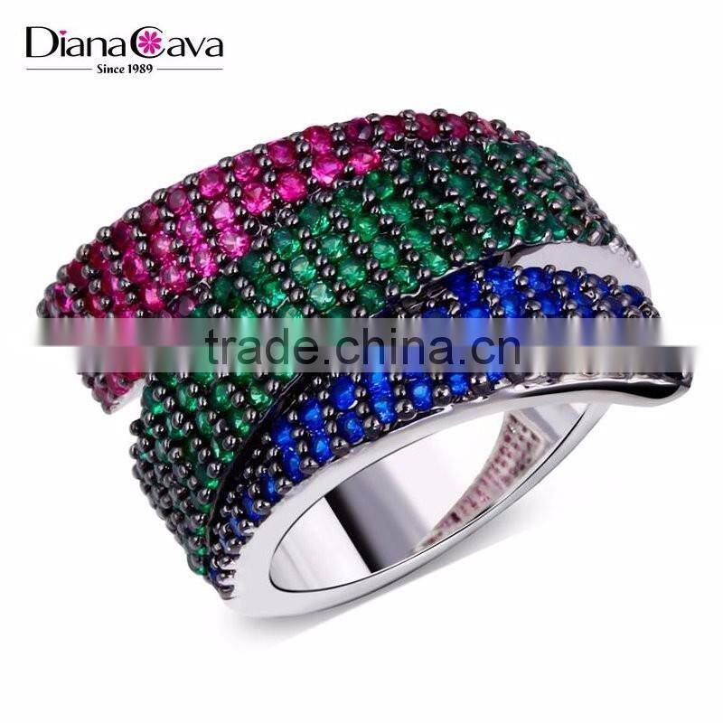 Unique 3 Strips Colorful Cubic Zirconia Siam Emerald Montana Cocktail Party Ring