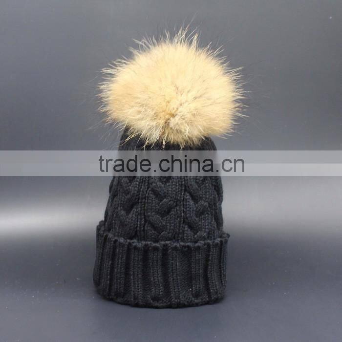 Hot Popular Real Raccon Fur Pompom Women Kintted Winter Wool Caps And Hats