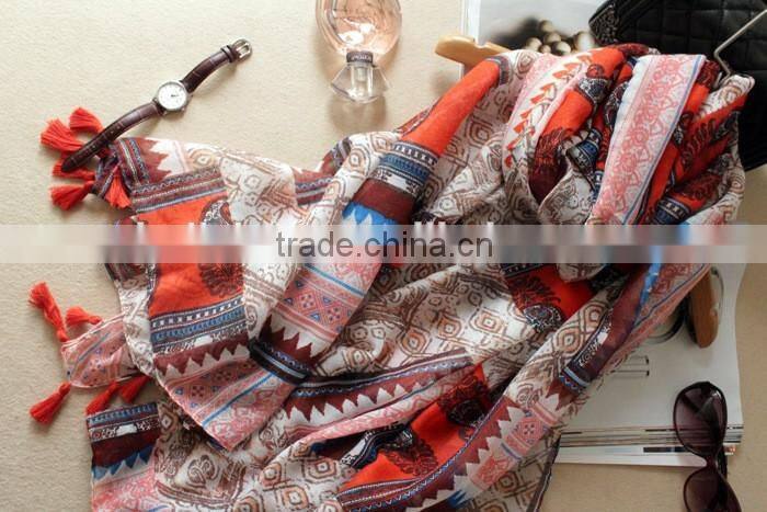 Vintage Paisley Printed Spring Summer Thin Linen Cotton Tassel Shawl Scarf