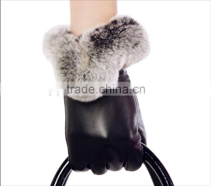 2016 New Style Women superior leather fashion Gloves with rubbit fur