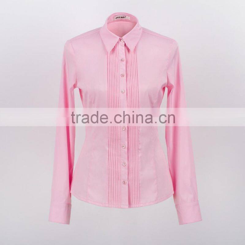 2015 fashion pink color long sleeve blouse pleated design ladies plus size shirt