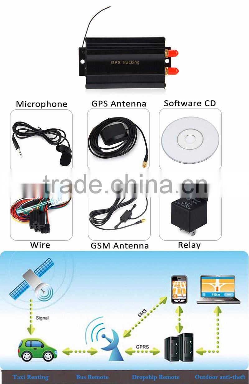Hot selling tk103a software quad band dual sim card vehicle micro gsm gps tracker
