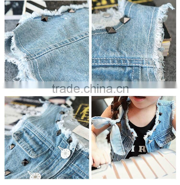 Wholesale Stylish Stud Pure Color Joker Sleeveless Girl Jeans Coat, Denim Children Cardigan