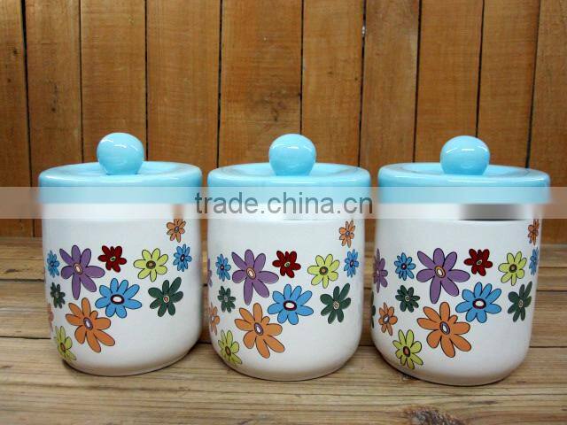 Morning Glory Decal Ceramic Tea Coffee Sugar Jars Set with Pink Lid