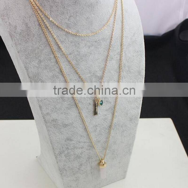 Artificial Cutting Pink Stone Multi Layers Long Necklace Choker For Fashion Lady