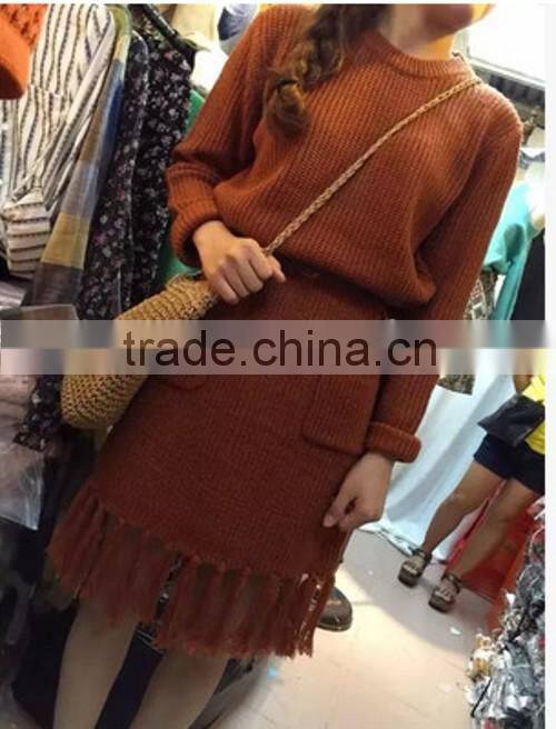 Ladies' round neck long sleeve dress rib knitted sweater with pocker &fringes best selling products in america