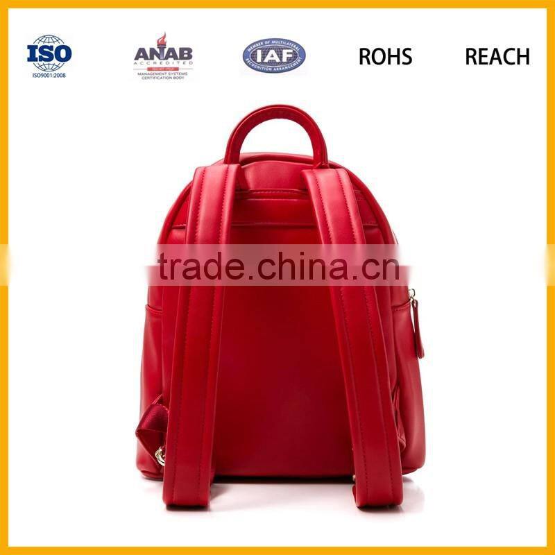 Factory Promotional Funny Cute Style Soft PU Leather Red Color Backpack Schoolbag Leisure Bag for Girls