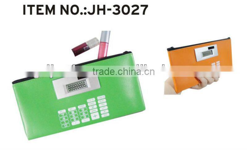Zip wallet leather pencil box with calculator