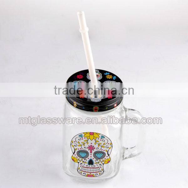 Halloween Smile Skull decal glass mason jar with handle 16oz