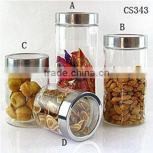 clear cylinder glass storage jar with air bubbles and stainless steel lid