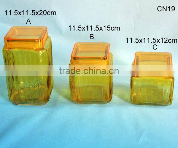 3 sizes yellow square glass cookie jars with plastic lid