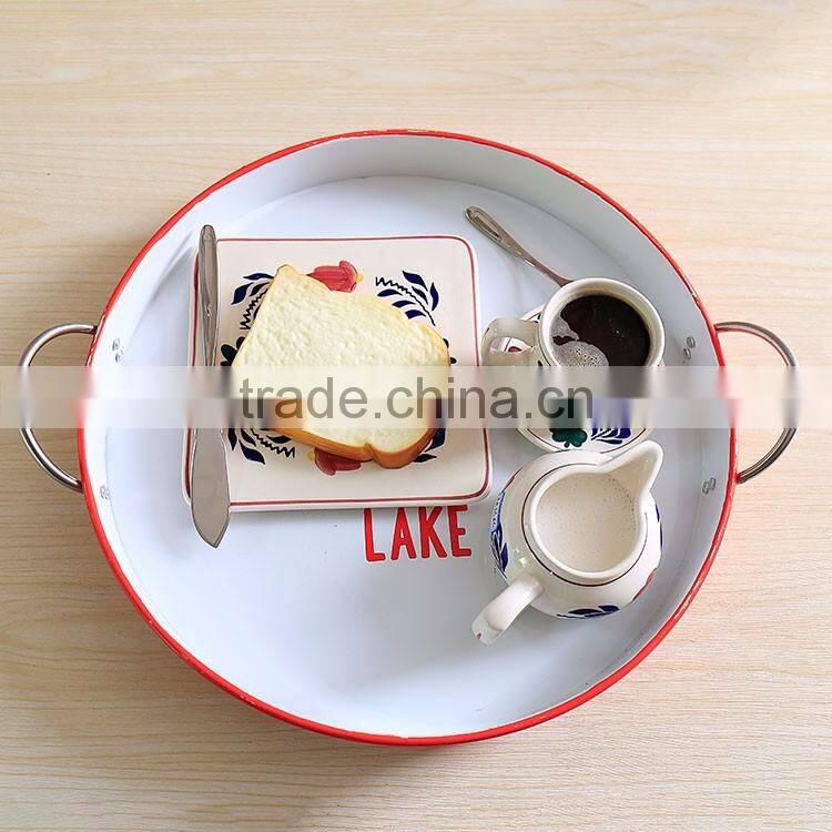 Round metal tin serving tray with anti-slip surface and custom printing