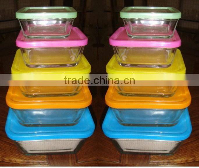 engraved square glass bowl set,high quality 5pcs glass bowl with lid,glassware set
