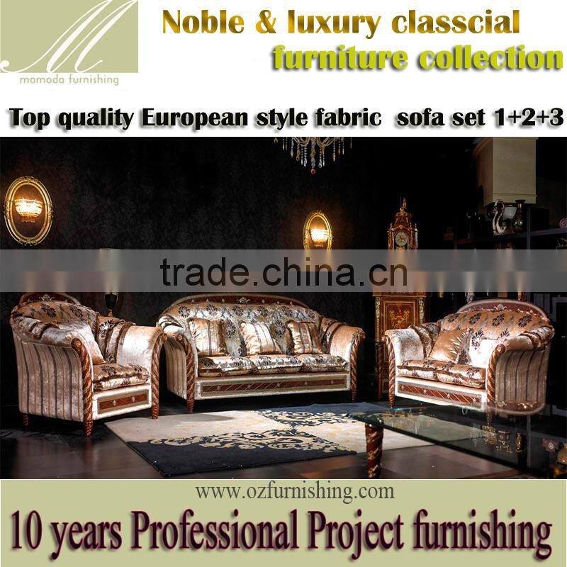 YB56 Foshan Shunde Furniture , Classic Gold leaf finshing fabric sofa for Villa, Royal hardwood sofa