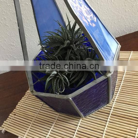 Mid Century Modern Leaded Large Vintage Teardrop Hanging Stained Glass Geometric Teardrop Shape Plant Holder Terrarium