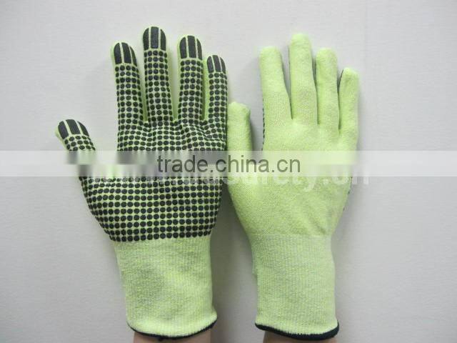 DDSAFETY 13G Hi Vis Fiberglass Protective Glove With Black PVC Dots On Plam Anti Cut Safety Gloves