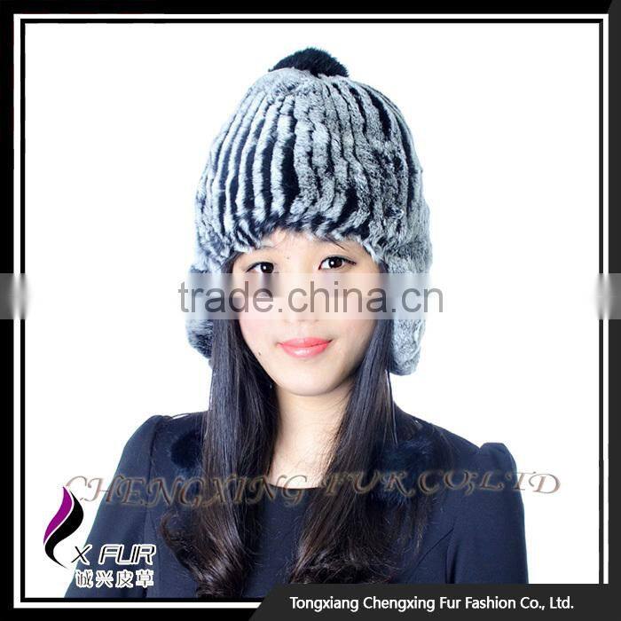 CX-C-116H Hand Knitted Beanie With Fur Ball Stock Rex Rabbit Fur Ladies Hats