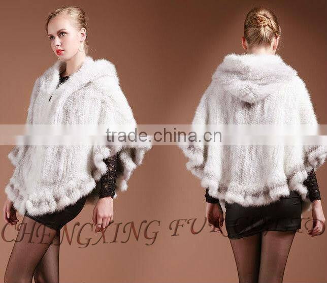 CX-B-M-06 Latest Womens Genuine Real Knitted Mink Fur Shawl Hoodied