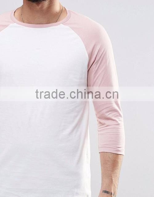 Men 100% cotton crew neck contrast raglan 3/4 sleeve t-shirt wholesale custom
