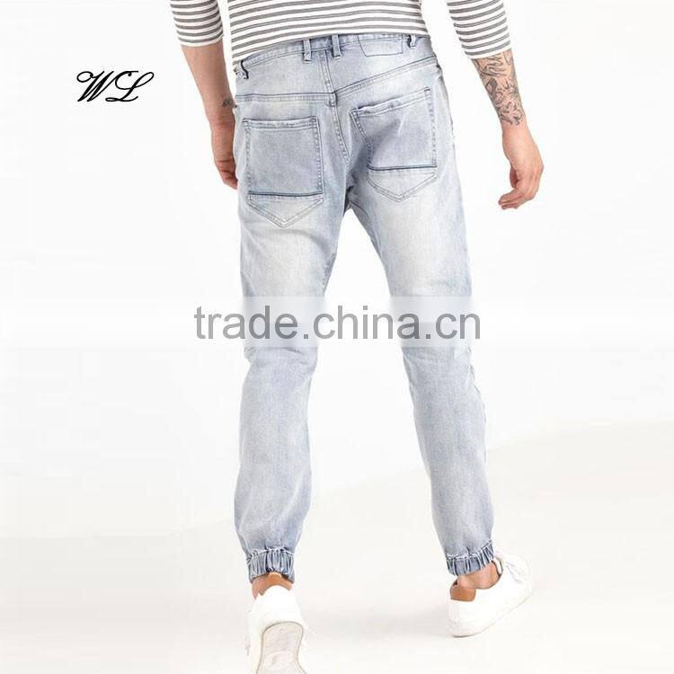 Men Denim Fabric Elastic Hem Harem Pants Customised Man Jean