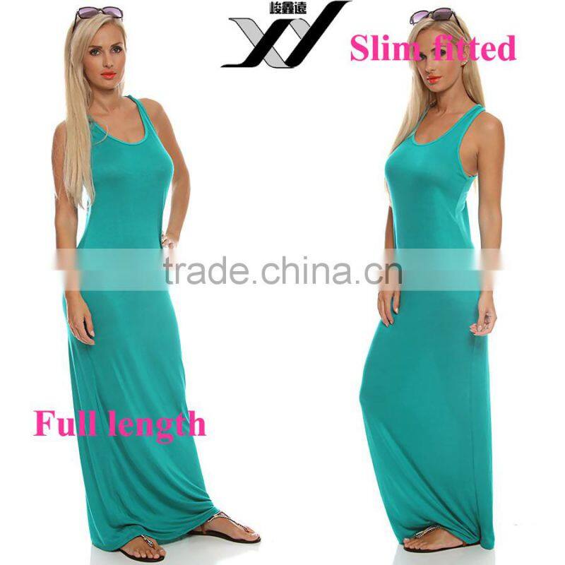 cotton spandex plain women maxi dress with scoop neck and slveeveless
