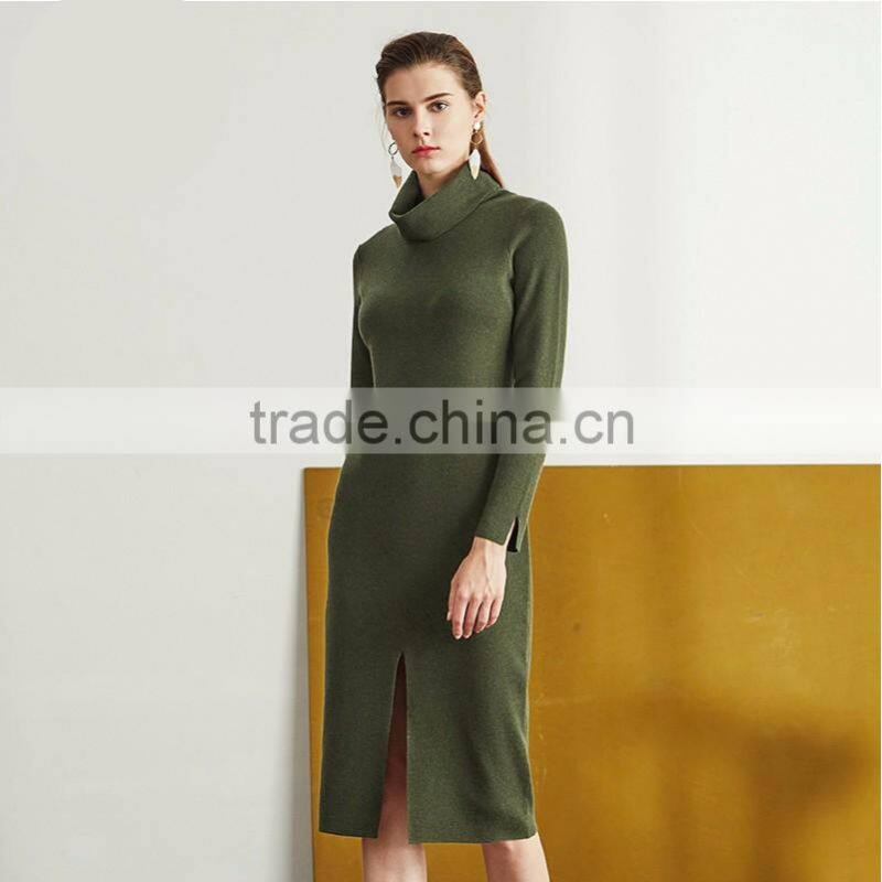 2017 fashion style women green color sweater dress turtleneck side vent sweater
