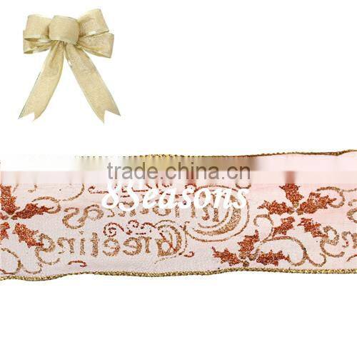 Brown Christmas Decoration Flower "Christmas Greeting" Pattern Organza Ribbon 6.3cm