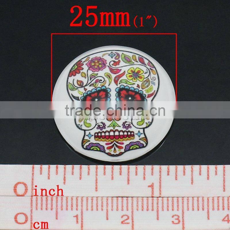 Clear Glass Cabochon Round Multicolor Skull Pattern Halloween 25mm Dia,20PCs