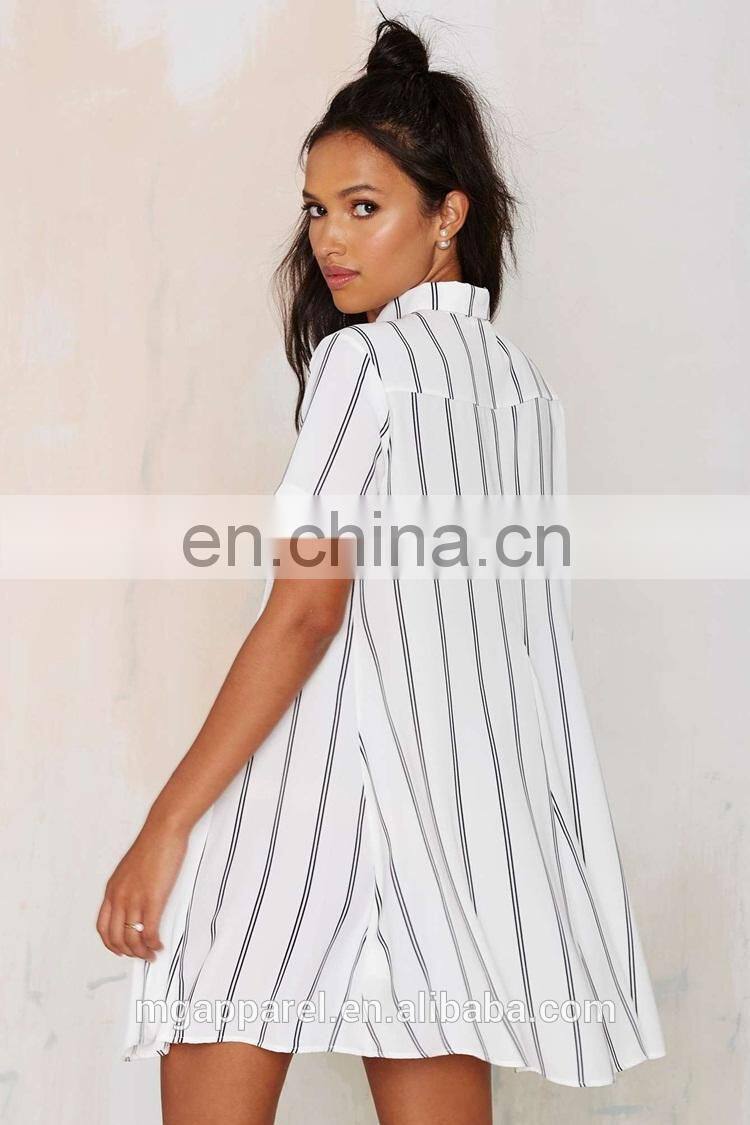 2015 MG Simple white with black stripe print front button closure lady top for a swing skirt silhouette