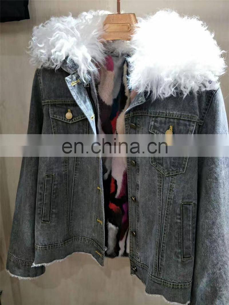 2016 Top Fashion Real Lamb Fur Collar Denim Parka with Hood Women Fur