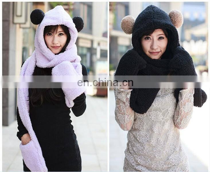 Christmas Present Warm Winter Fluffy Earflap Hooded Scarf Hat Glove