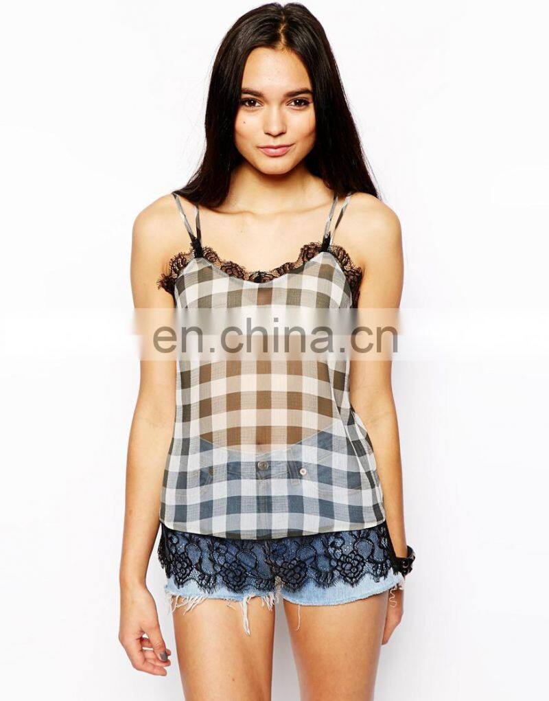 Lace Trim Cami Top in Gingham Print/womens top plus sizes/clothing desgin for women wholesale model-cp387