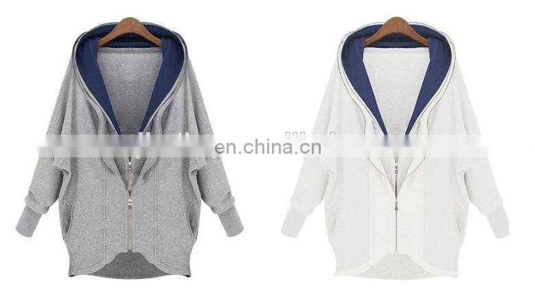 Factory OEM Apparel Women Sweatshirts Wholesale Organic Cotton Hoodie Bat Wing Sleeve 2-Layer Collar Zipper Sweatshirt
